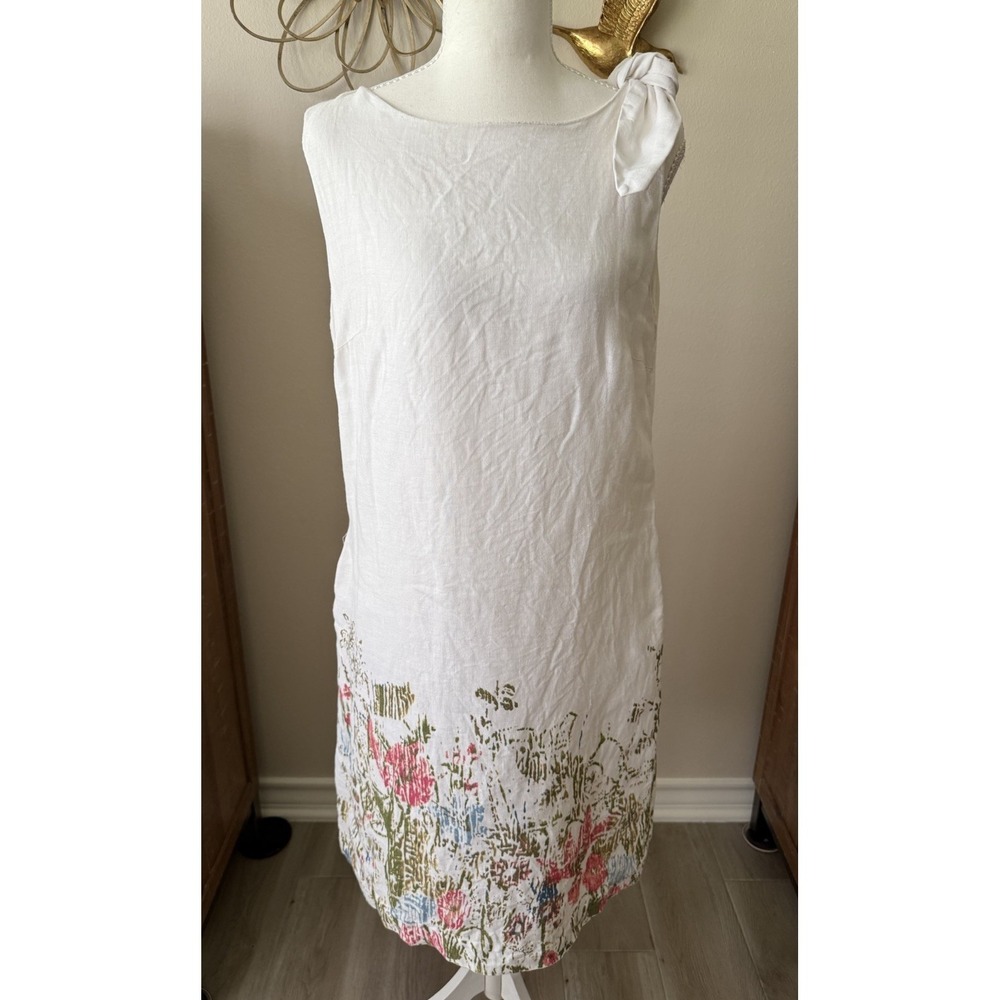 Adolfo Dominguez Linen Shift Dress White Floral Hem Bow Shoulder‎ Size 42 L